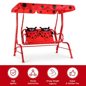 Kids patio swing bench with canopy, perfect for outdoor fun and relaxation. Ideal for two children.