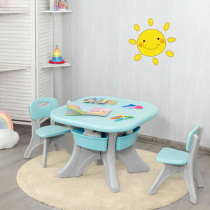 Colorful 3-piece plastic play table and chair set for kids, perfect for indoor and outdoor fun.