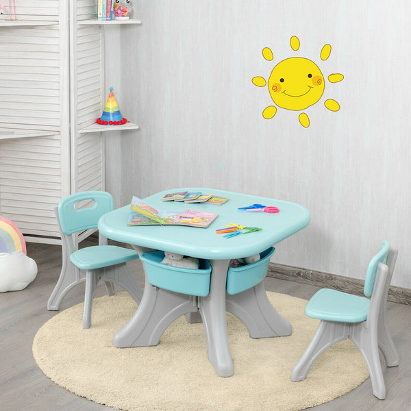 Colorful 3-piece plastic play table and chair set for kids, perfect for indoor and outdoor fun.