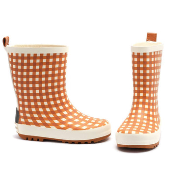 Classic Sienna Gingham rain boots for babies, perfect for rainy days and stylish outdoor adventures.