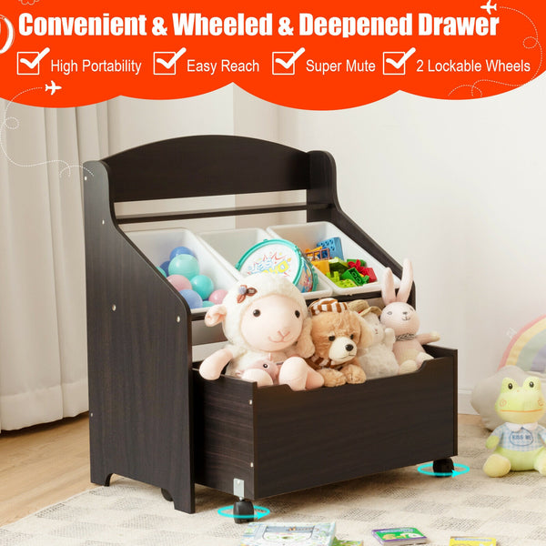Kids wooden toy storage unit with rolling toy box and plastic bins, organized from angle 16. Perfect for playrooms!