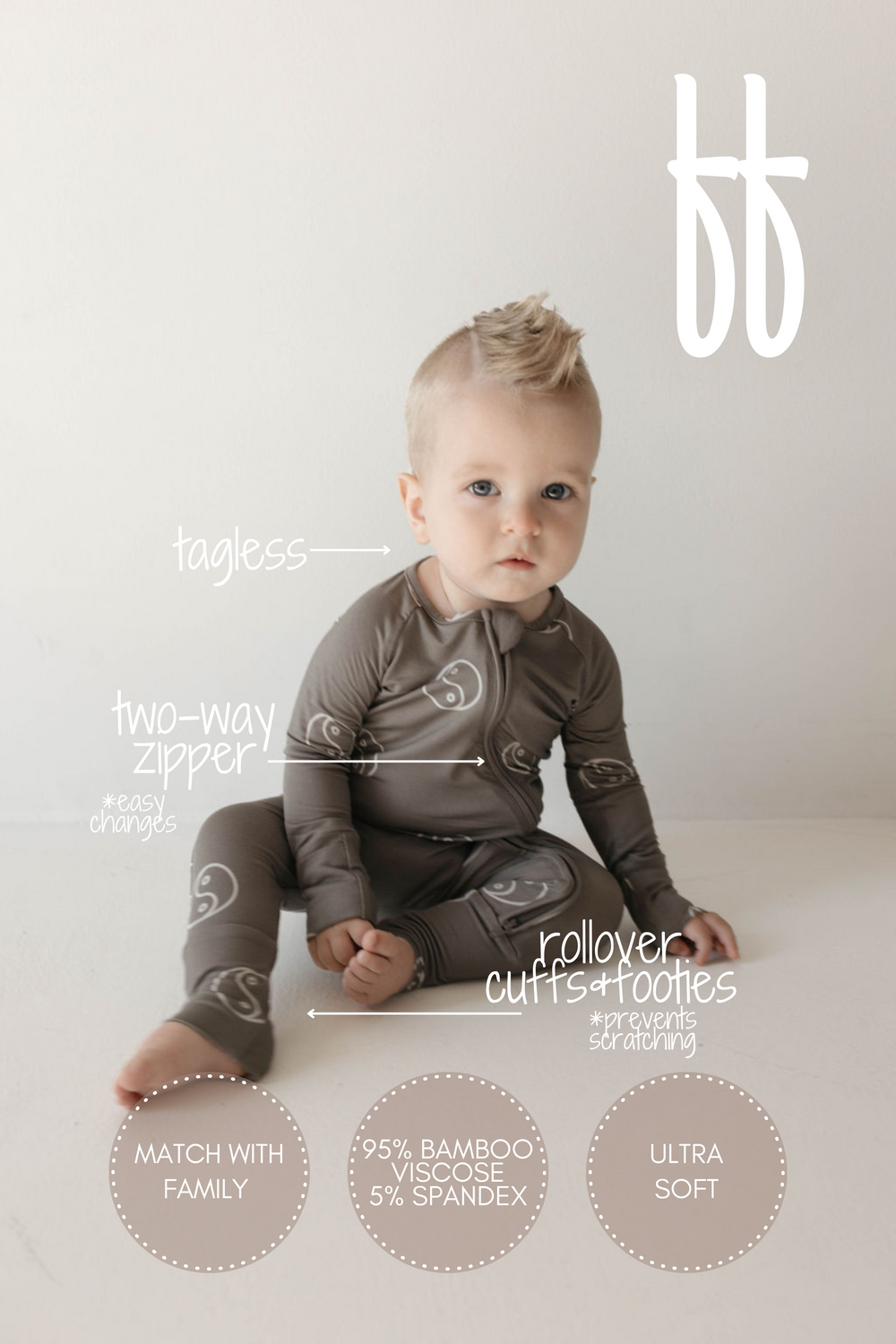 Bamboo Zip Pajamas in Sage Yin Yang for babies, soft and stylish sleepwear for comfort and warmth.