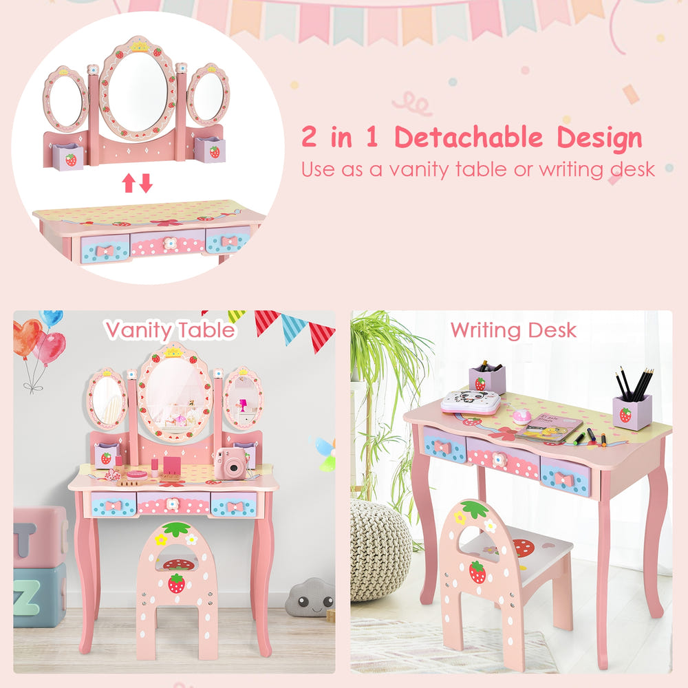 Kids Vanity Princess Makeup Dressing Table Chair Set with Tri-fold Mirror for imaginative play and stylish dressing.