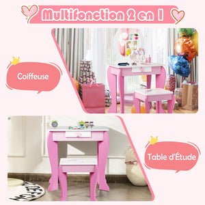 Kids wooden makeup dressing table set with chair, mirror, and drawer, perfect for imaginative play.