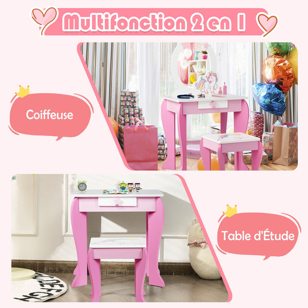 Kids wooden makeup dressing table set with chair, mirror, and drawer, perfect for imaginative play.