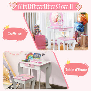 Kids wooden makeup dressing table and chair set with mirror and drawer, perfect for imaginative play.