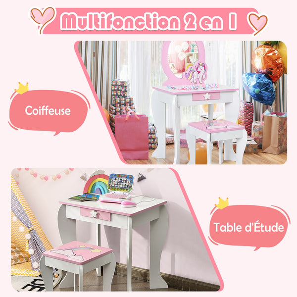 Kids wooden makeup dressing table and chair set with mirror and drawer, perfect for imaginative play.