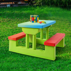 Kids picnic folding table and bench set with umbrella, perfect for outdoor fun and playtime.