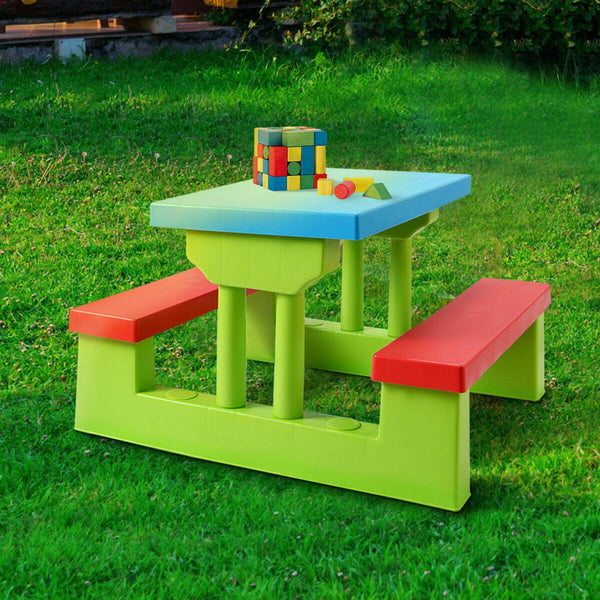 Kids picnic folding table and bench set with umbrella, perfect for outdoor fun and playtime.