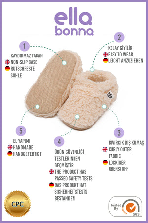 Teddy Baby Booties House Slippers, Non-Slip Sole, Organic Cotton Lining, Home Nursery Shoes, Beige