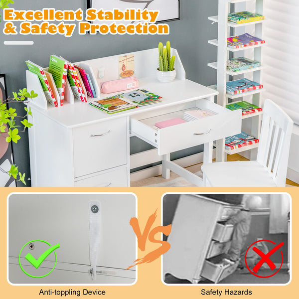 Kids wooden writing furniture set with drawer and storage cabinet, stylish and functional for playrooms or nurseries.