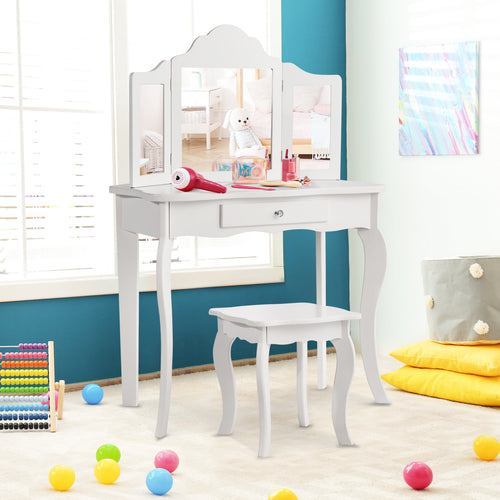 Kids Makeup Dressing Mirror Vanity Table Stool Set - LED Mirror for Girls