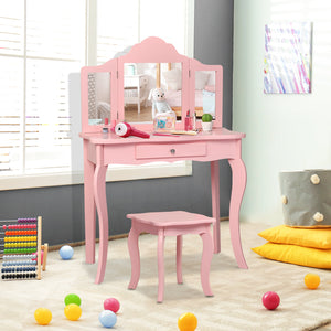 Kids makeup vanity table set with mirror and stool, perfect for imaginative play and dressing up.