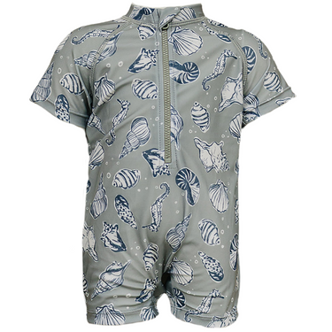 "Sea Shell Zipper Swimsuit for babies, perfect for beach days and diaper bag essentials."