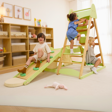 Avenlur Bush 6-in-1 Indoor Wooden Jungle Gym Climber for toddlers with slide, rock wall, and ladder. Montessori playset.