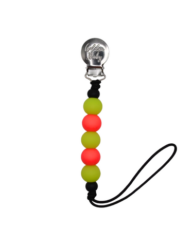 Glow in the dark yellow and neon pink pacifier clip for babies, perfect for keeping pacifiers secure and visible.