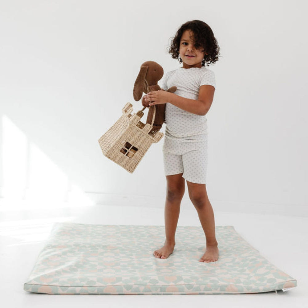 Green Tile Vegan Leather Play Mat for babies, soft and stylish, perfect for playtime and tummy time.