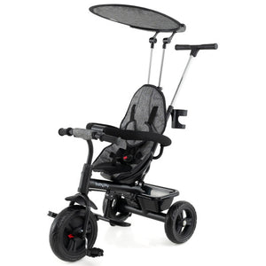 7-in-1 Baby Stroller Tricycle in gray with adjustable canopy and foldable footrests for ages 9-60 months, angle 3 view.