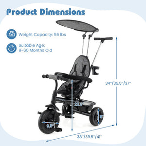 7-in-1 gray baby stroller tricycle with adjustable canopy and foldable footrests for 9-60 months old, angle view.