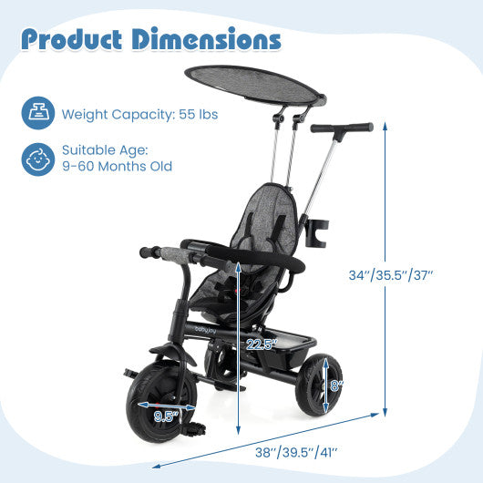 7-in-1 gray baby stroller tricycle with adjustable canopy and foldable footrests for 9-60 months old, angle view.