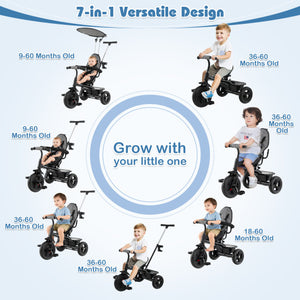 7-in-1 gray baby stroller tricycle with adjustable canopy and foldable footrests for ages 9-60 months, angle view.
