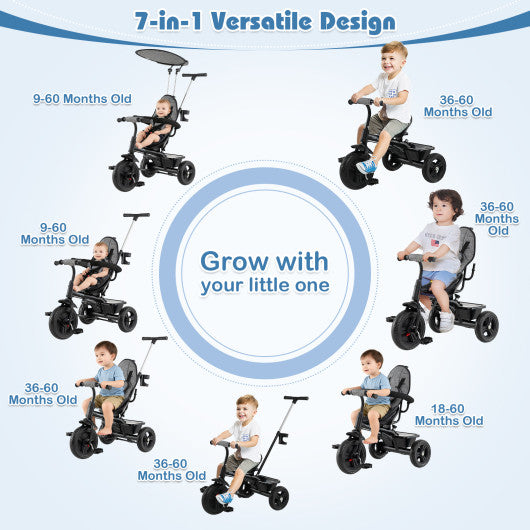 7-in-1 gray baby stroller tricycle with adjustable canopy and foldable footrests for ages 9-60 months, angle view.