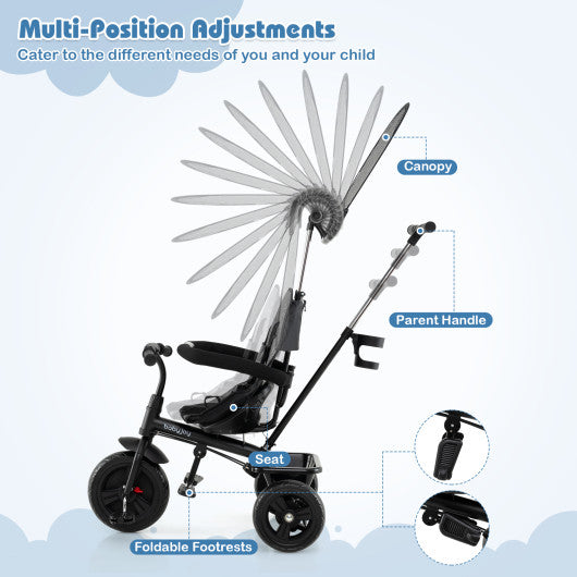 7-in-1 gray baby stroller tricycle with adjustable canopy and foldable footrests for ages 9-60 months, angle view.