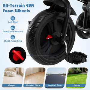 7-in-1 gray baby stroller tricycle with adjustable canopy and foldable footrests for ages 9-60 months, angle view.