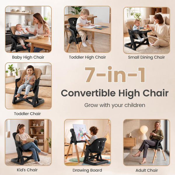 7-in-1 Convertible Foldable Baby High Chair with Adjustable Tray for Kids