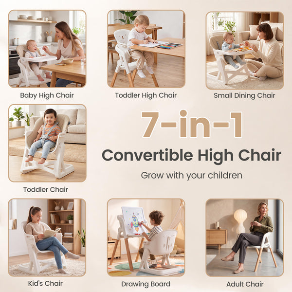 7-in-1 Convertible Foldable Baby High Chair with Adjustable Tray for Kids