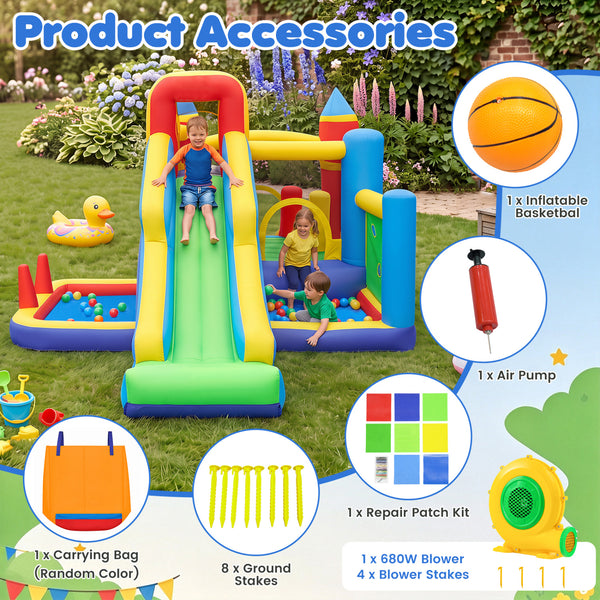 7-in-1 Inflatable Bounce House with Slide and Ball Pit and 680W Blower for Kids