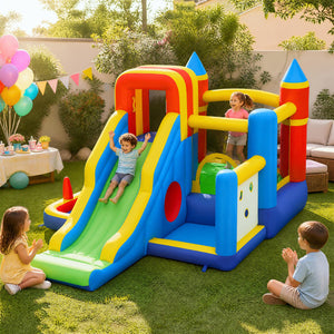 7-in-1 Inflatable Bounce House with Slide and Ball Pit and 680W Blower for Kids