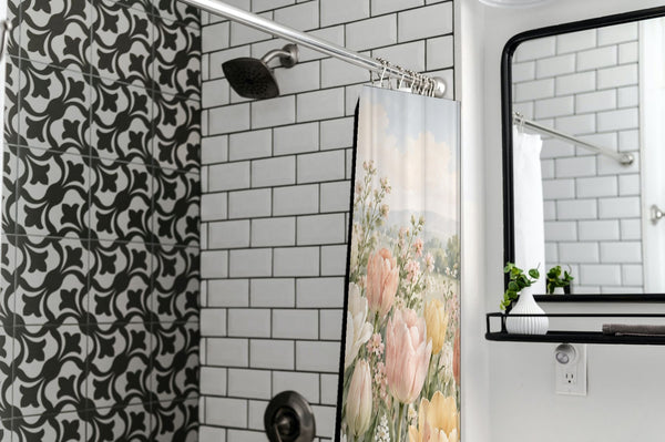 Pastel Tulip Field shower curtain in a modern farmhouse bathroom with subway tile