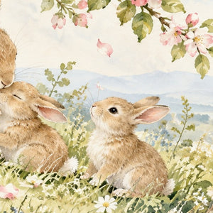 Apple Blossom Family Bunny shower curtain, close up of the watercolor artwork