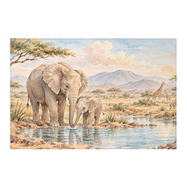 Elephant Family Safari kids rug, full view of the printed design