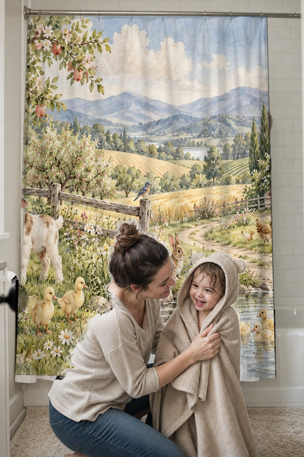 Peaceful Farm shower curtain, full front view of the 71 x 74 in fabric curtain