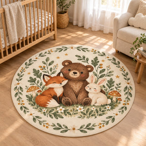 Woodland animal rug in a neutral nursery with an oak crib and cream armchair