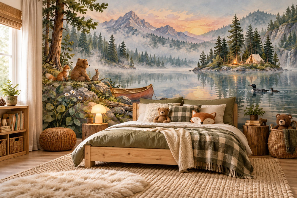 Watercolor Canoe Lake Camping Wall Mural, image 1