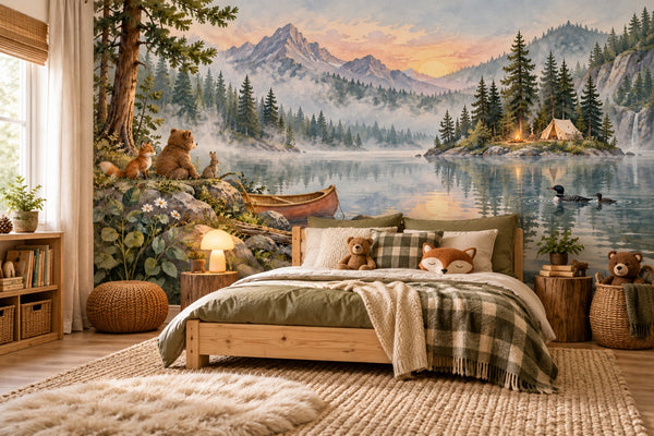 Watercolor Canoe Lake Camping Wall Mural, image 2
