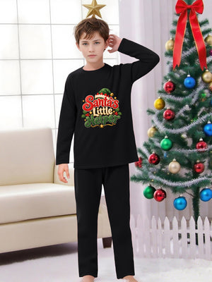 Santa's Little Helper Kids Christmas Outfit, Black Long Sleeve Top and Pants Lounge Set for Boys and Girls