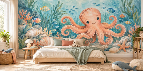Watercolor Friendly Octopus Ocean Wall Mural, image 2