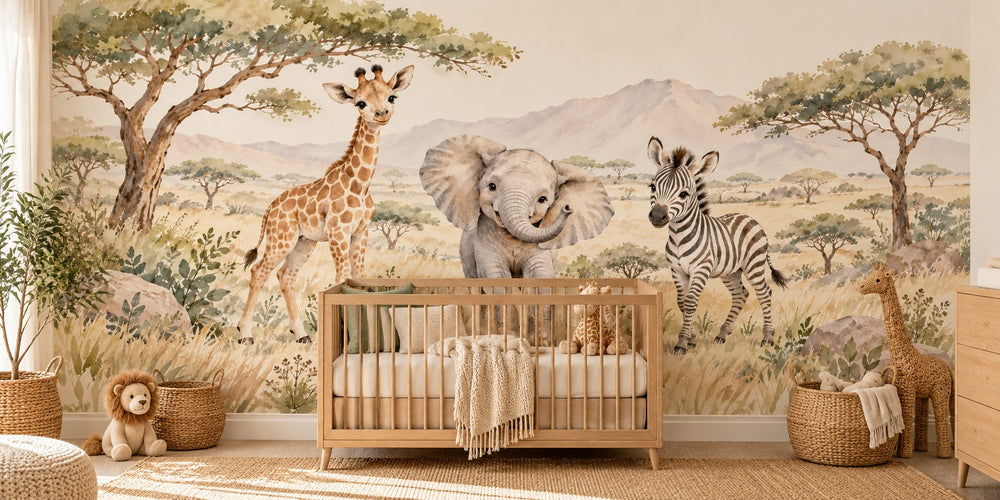 Watercolor Safari Animals Wall Mural, image 1