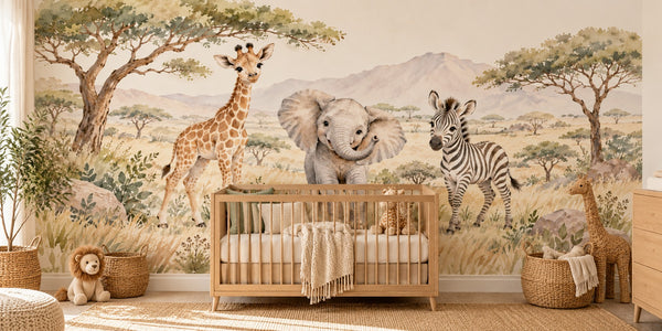 Watercolor Safari Animals Wall Mural, image 1