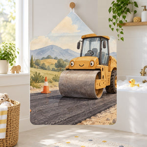Road Roller kids hooded bath towel hanging in a kids bathroom