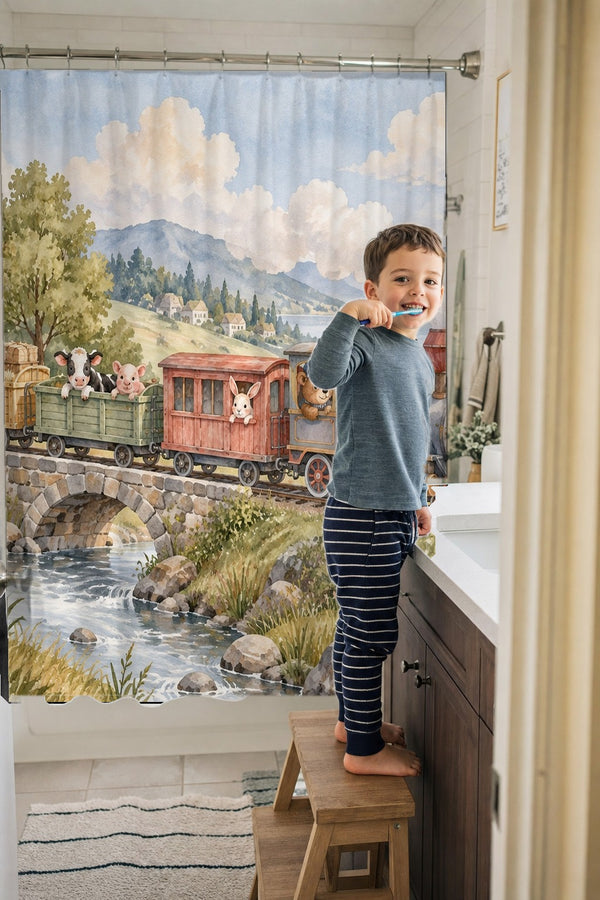 Child brushing teeth in a family bathroom with the Countryside Train shower curtain