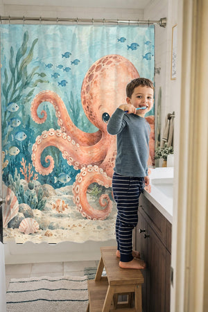 Child brushing teeth in a family bathroom with the Friendly Octopus Ocean shower curtain