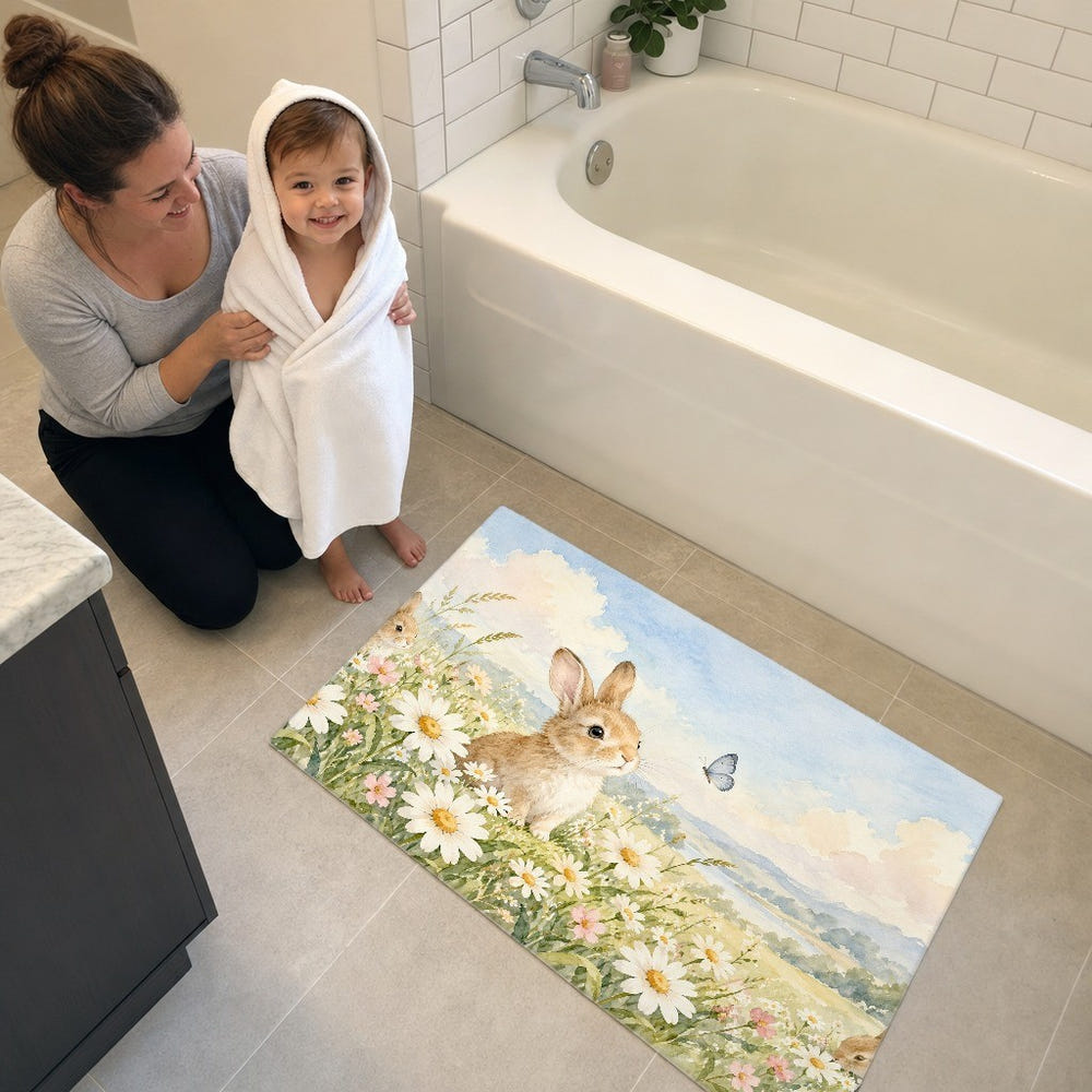 Daisy Meadow Bunny kids bath mat, full view of the printed design