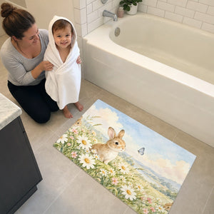 Toddler in a hooded towel stepping onto the Daisy Meadow Bunny bath mat