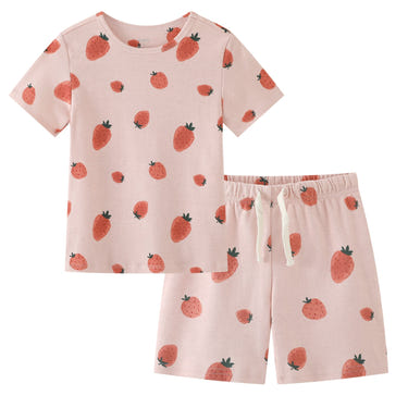 100% Organic Cotton Toddler Summer Pajama Set - Pink Strawberry, Short Sleeve, 2 Piece, Sleepsuits & Pyjamas.