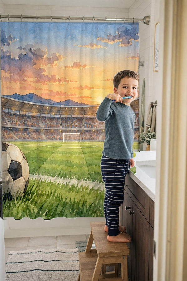 Child brushing teeth in a family bathroom with the Stadium Sunset Soccer shower curtain